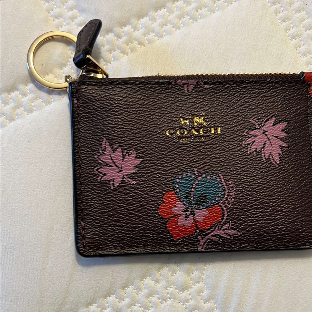 Coach Pink and Brown Key and Card Holder with Floral Design